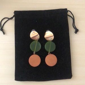 Gold, green, brown circle drop earrings